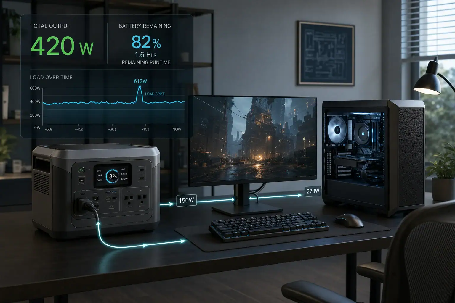 Portable power station supplying a gaming PC and monitor