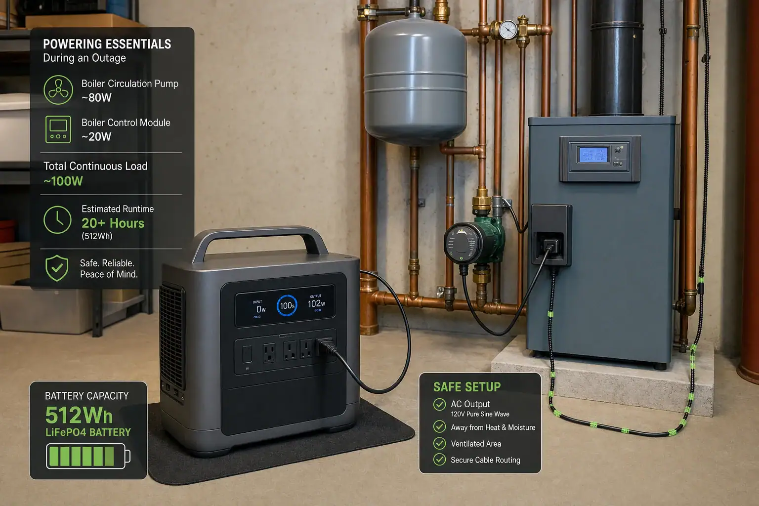 Portable power station supplying backup power to a boiler circulation pump and controls