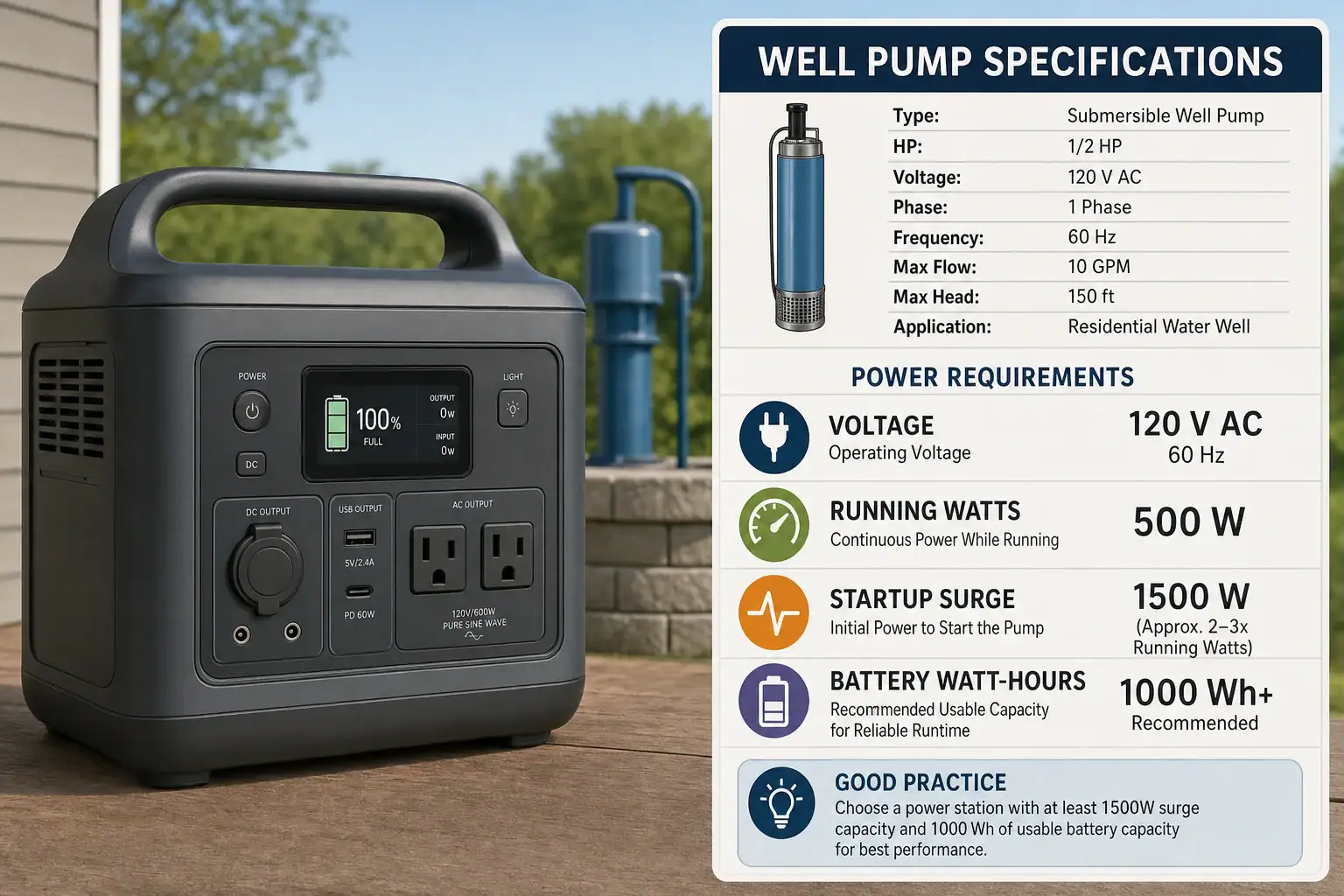 Portable power station sizing diagram showing well pump voltage, running load, startup surge, and battery capacity
