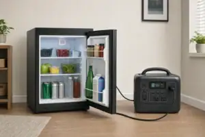 Mini fridge connected to a portable power station with ventilation space around both devices