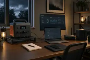Portable power station supplying a laptop, monitor, router, and NAS in a home office