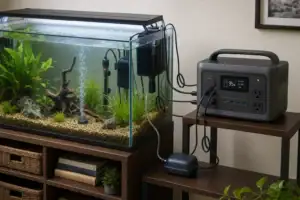 Portable power station supplying backup power to an aquarium heater, filter, and air pump