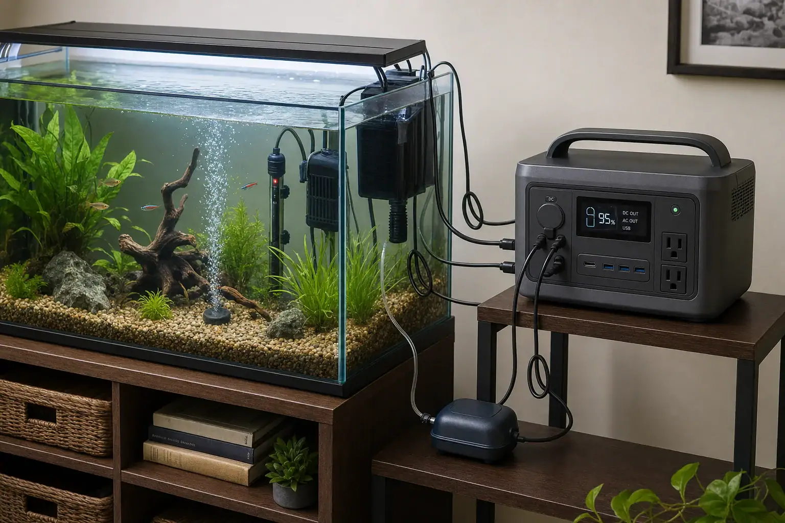 Portable power station supplying backup power to an aquarium heater, filter, and air pump