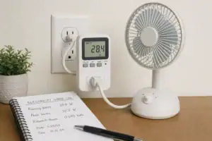 Plug-in electricity meter measuring the wattage of a small household fan