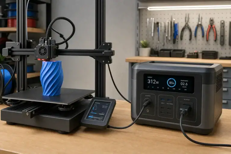 Portable power station running a desktop 3D printer during a print