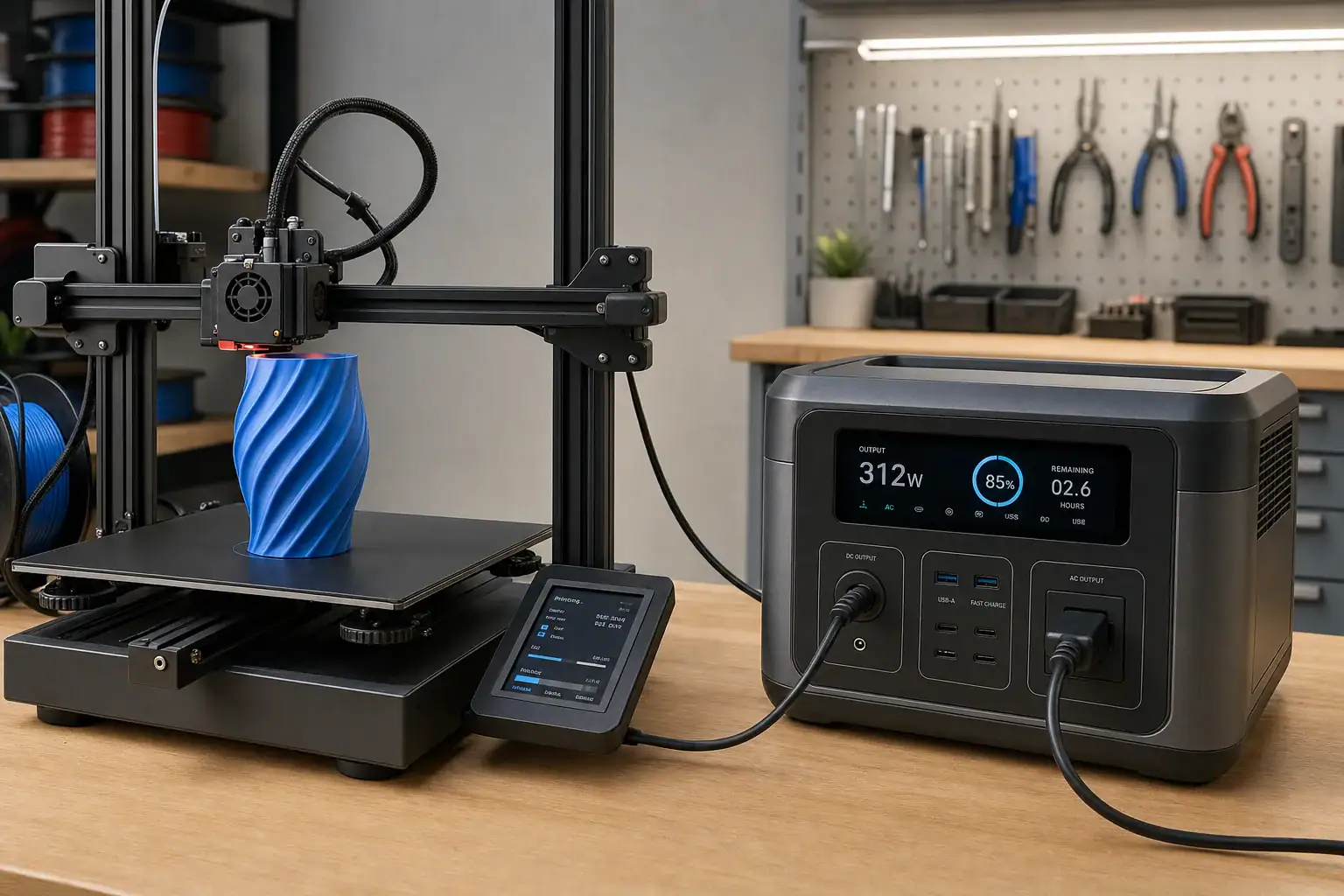 Portable power station running a desktop 3D printer during a print