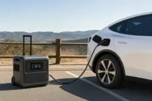 Portable power station connected to an electric car for slow emergency charging