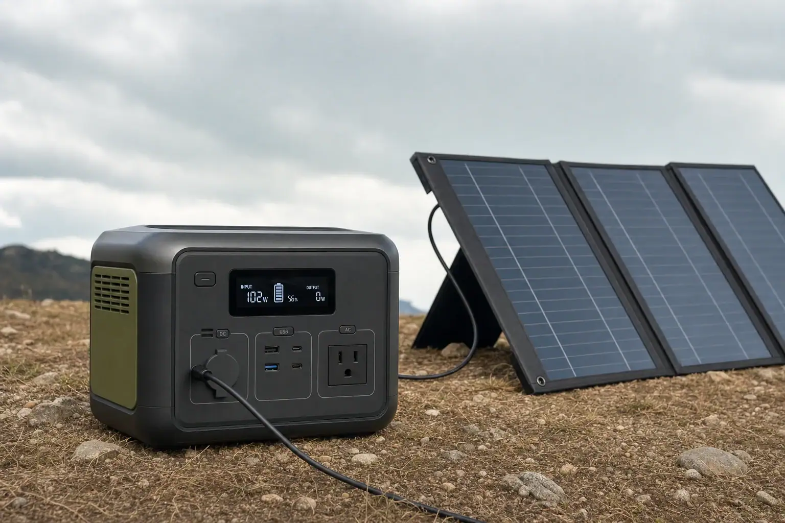 Solar charging a portable power station on a cloudy day