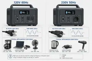 Comparison of 120V and 230V portable power stations with plug and frequency labels