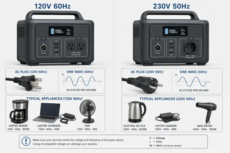 Comparison of 120V and 230V portable power stations with plug and frequency labels