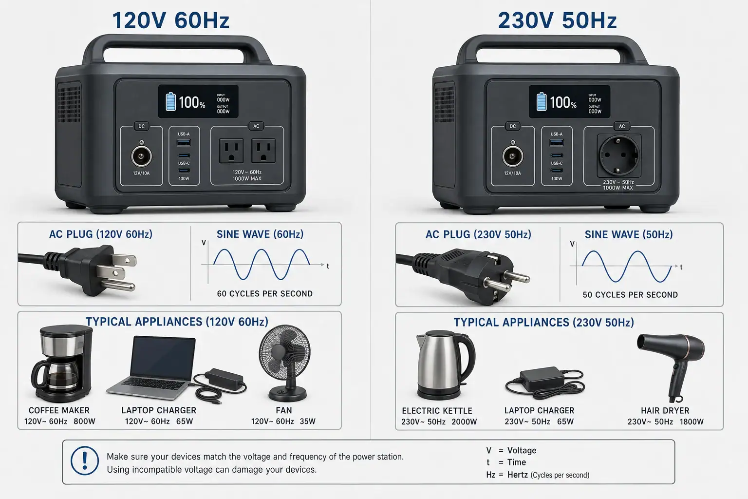 Comparison of 120V and 230V portable power stations with plug and frequency labels