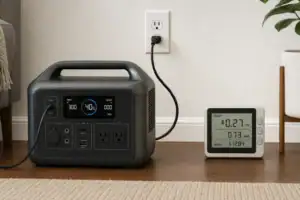 Portable power station charging from a wall outlet with electricity cost information
