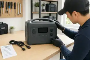 Portable power station being safely checked after it will not turn on following storage