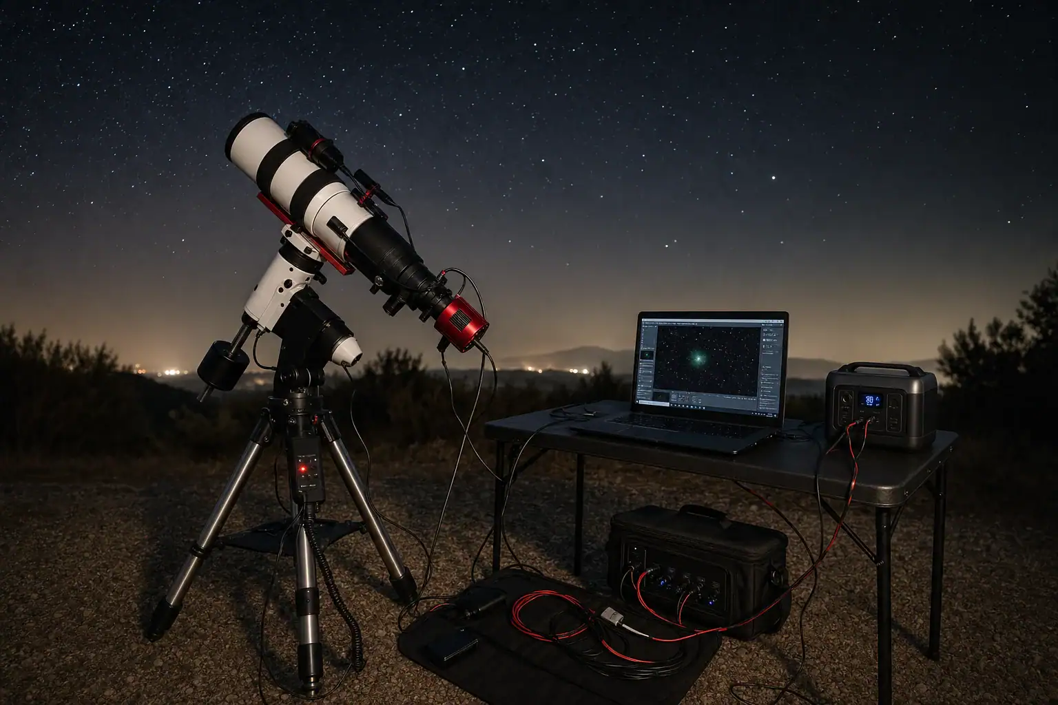 Portable power station running a telescope mount, astronomy camera, laptop, and dew heaters