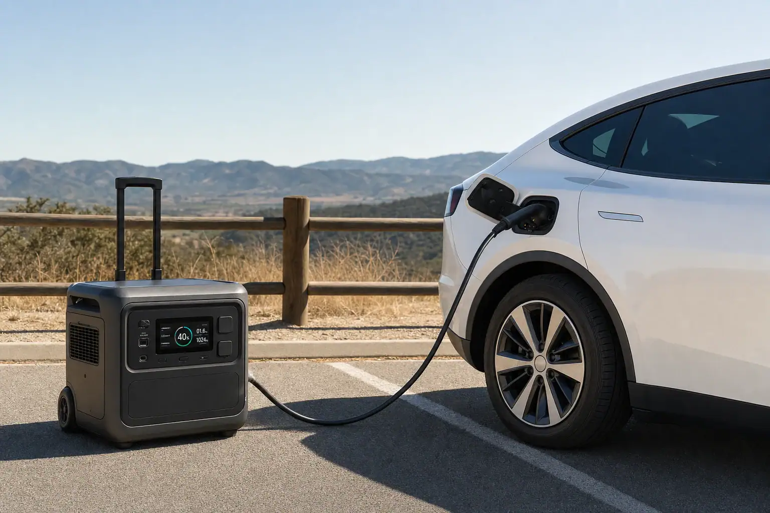Portable power station connected to an electric car for slow emergency charging