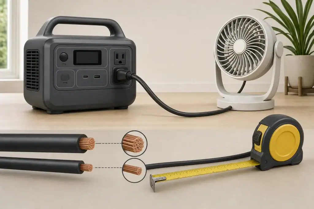 Portable power station powering an appliance through an AC extension cord with conductor-size comparison