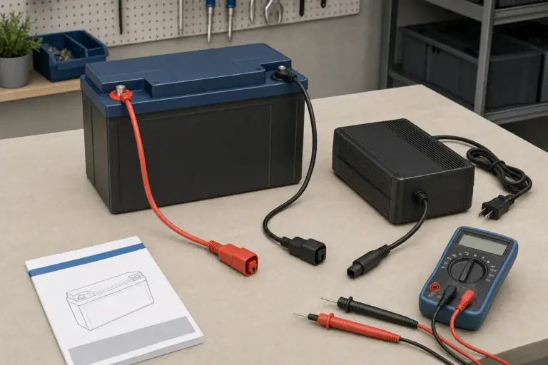 Standalone LiFePO4 battery and external charger prepared for a compatibility check