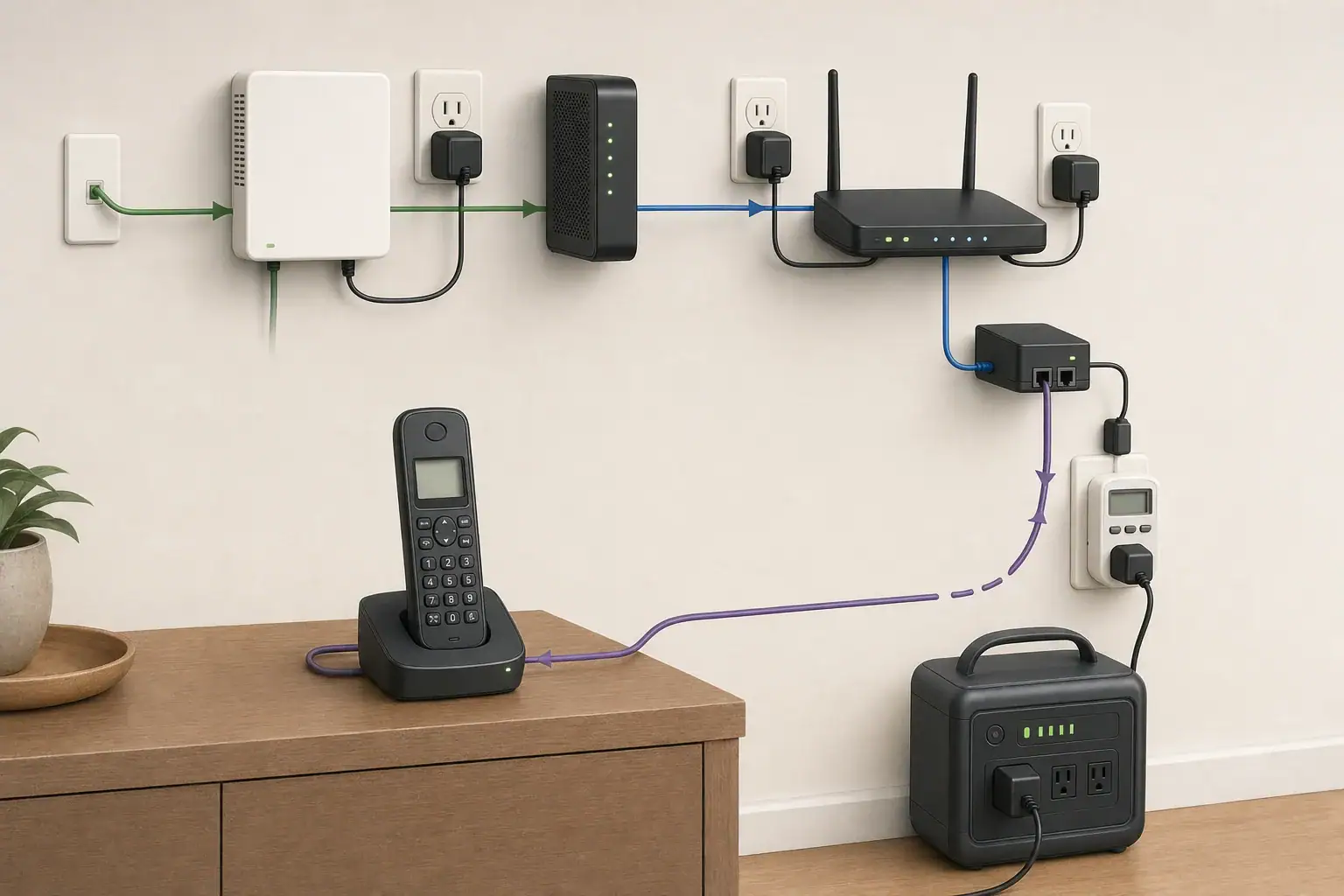 Illustration of a cordless phone base and voice-service equipment connected to backup power
