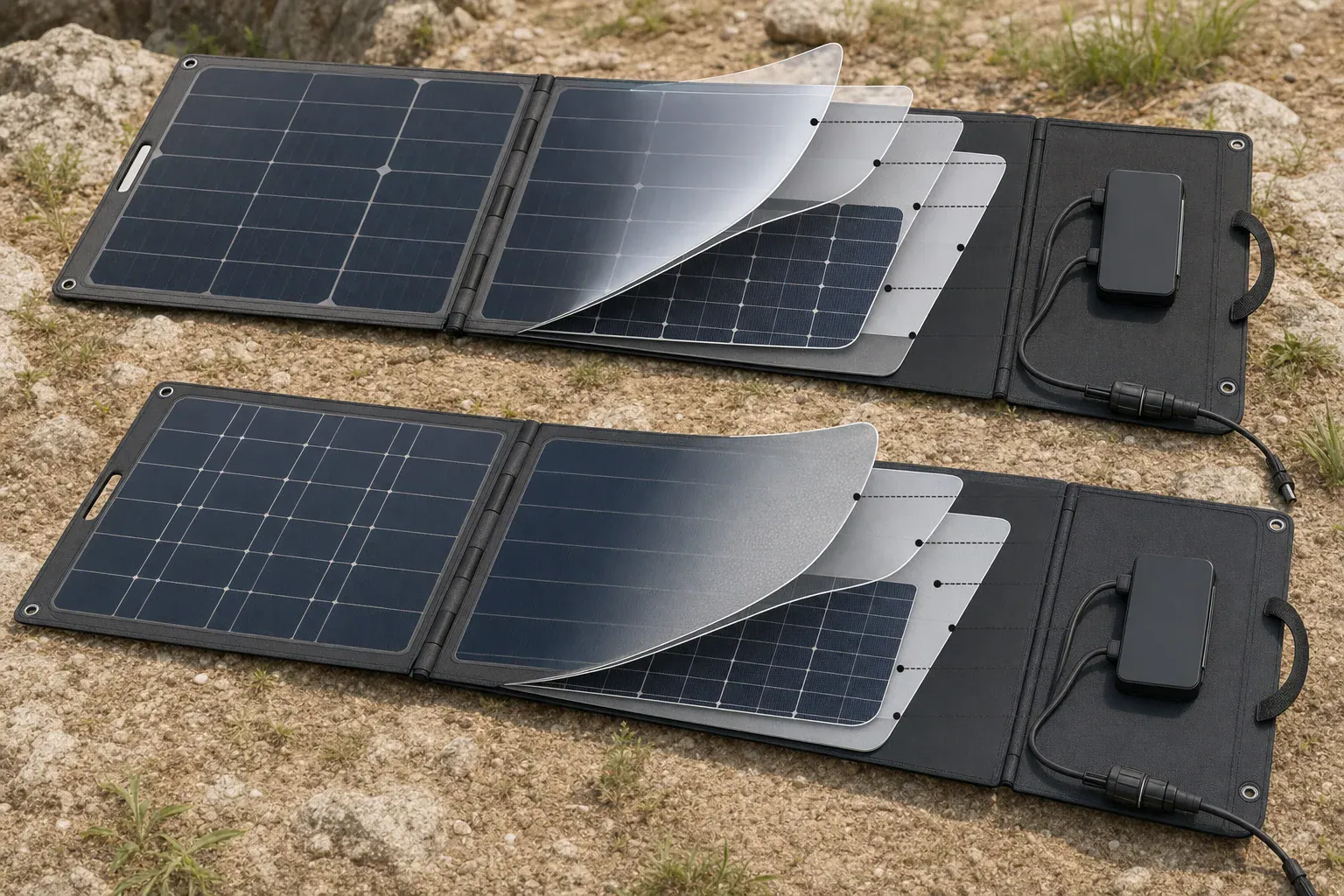 Cutaway comparison of laminate layers and folding construction in two portable solar panels