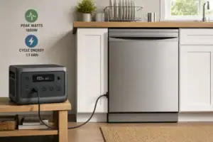 Cord-connected dishwasher powered by a portable power station kept safely away from water
