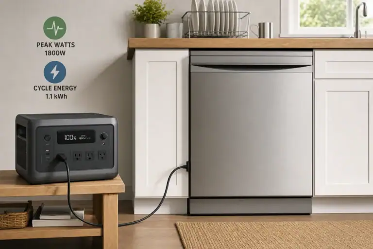 Cord-connected dishwasher powered by a portable power station kept safely away from water
