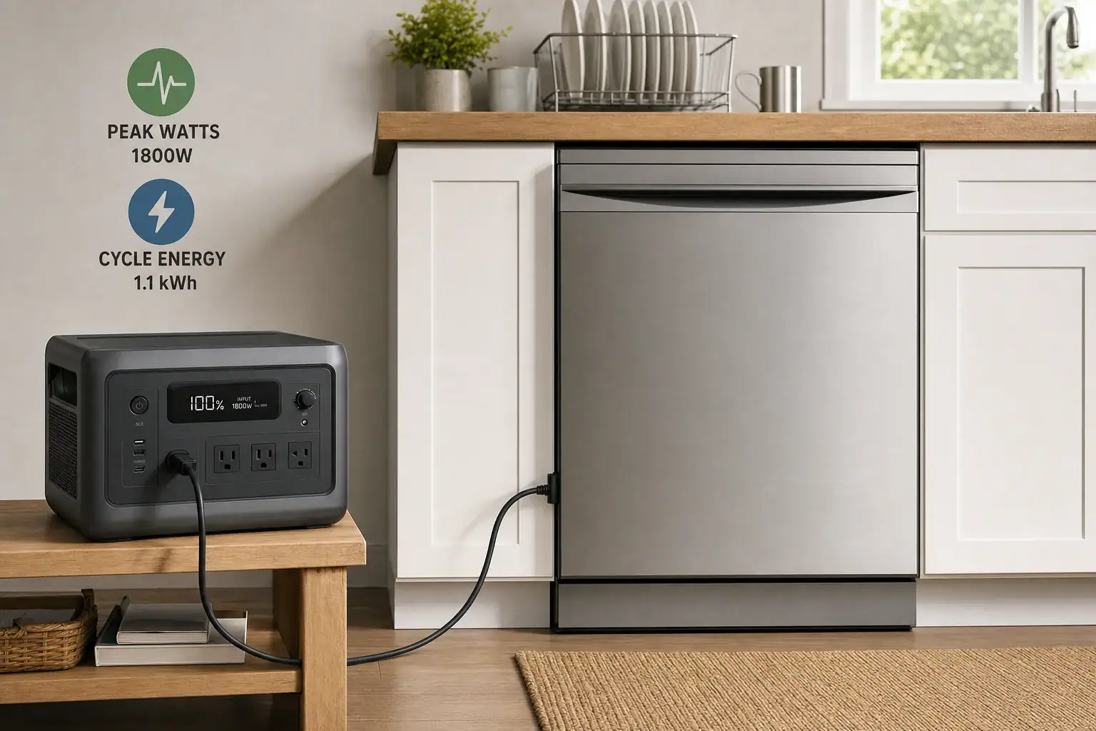 Cord-connected dishwasher powered by a portable power station kept safely away from water
