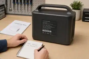 Person checking the model and serial number on a portable power station