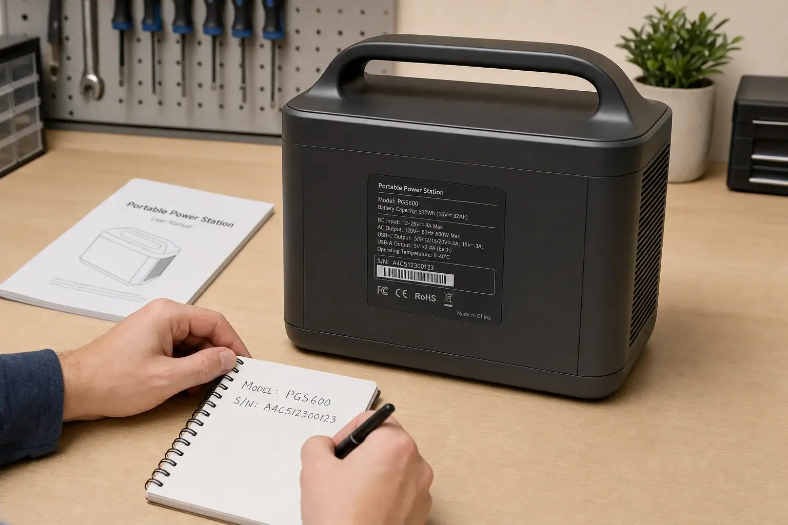 Person checking the model and serial number on a portable power station