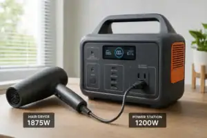 Hair dryer beside a portable power station in a dry indoor setting