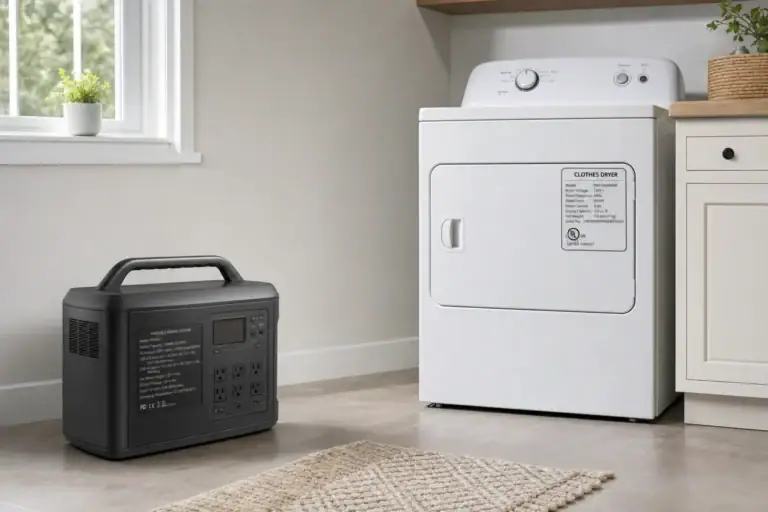 Portable power station near a clothes dryer in a bright laundry room