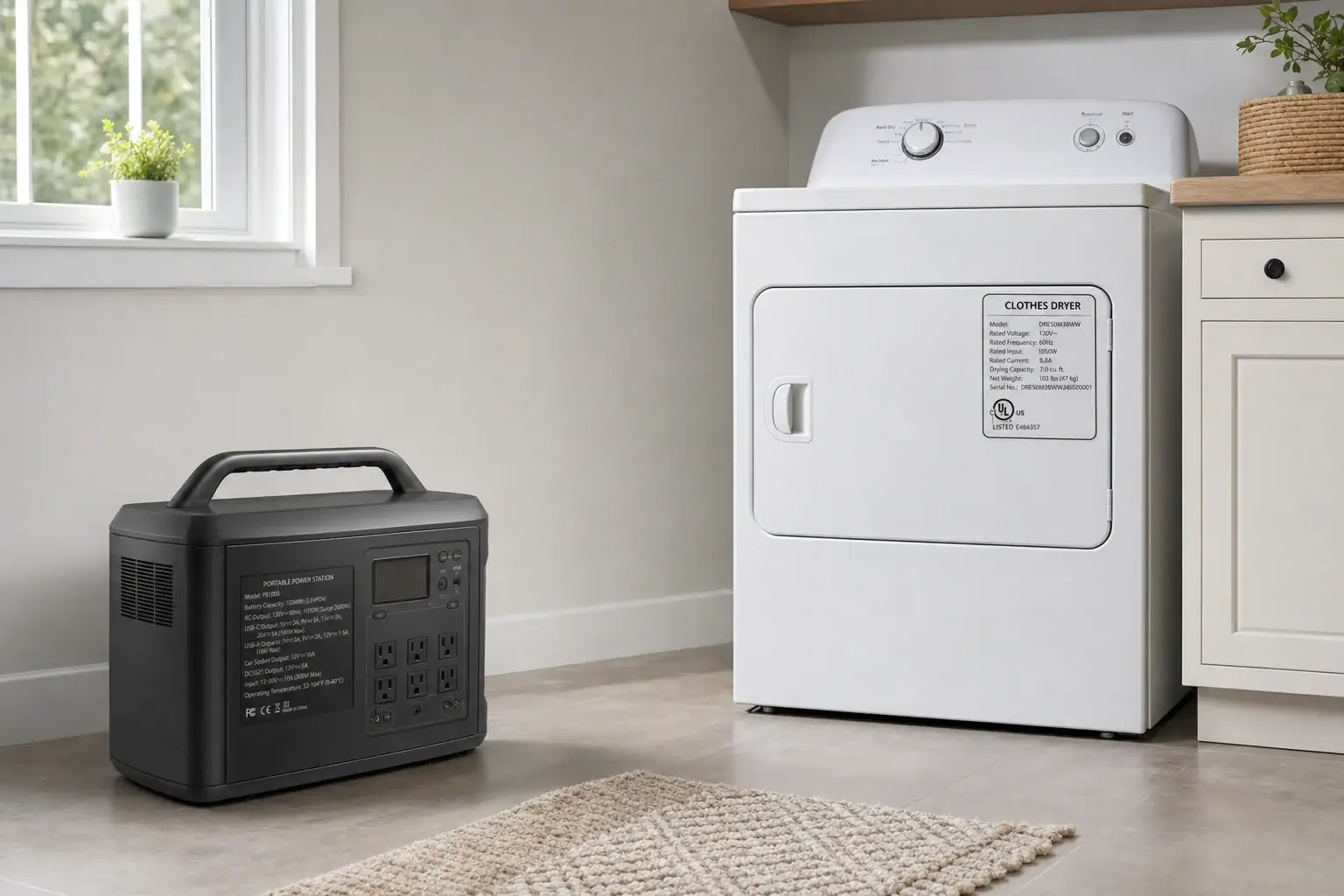 Portable power station near a clothes dryer in a bright laundry room