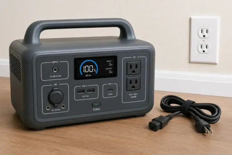 Portable power station and AC charging cord beside a wall outlet