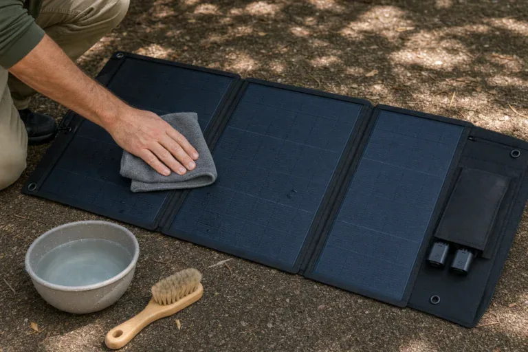 Person gently cleaning a foldable portable solar panel with a damp microfiber cloth