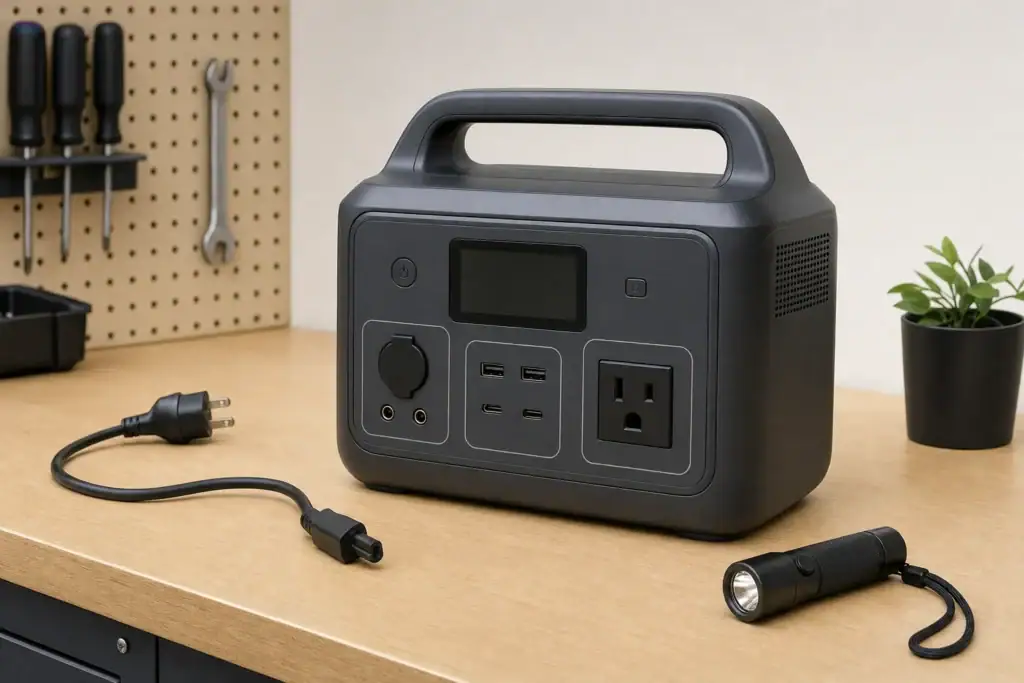Portable power station with a blank screen on a workbench