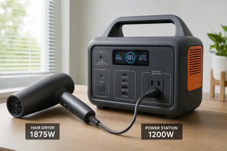 Hair dryer beside a portable power station in a dry indoor setting