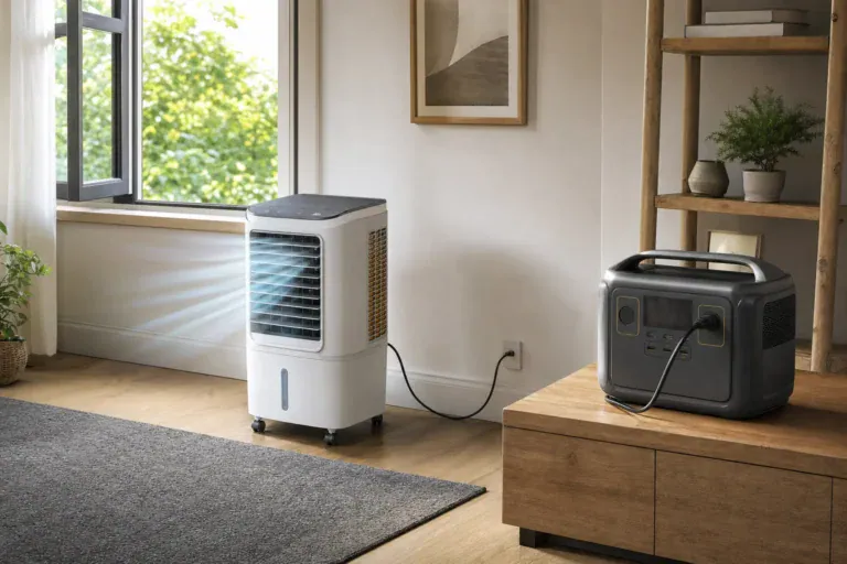 Evaporative cooler powered by a portable power station kept on a separate dry surface