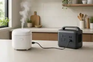 Rice cooker connected directly to a portable power station on a dry counter