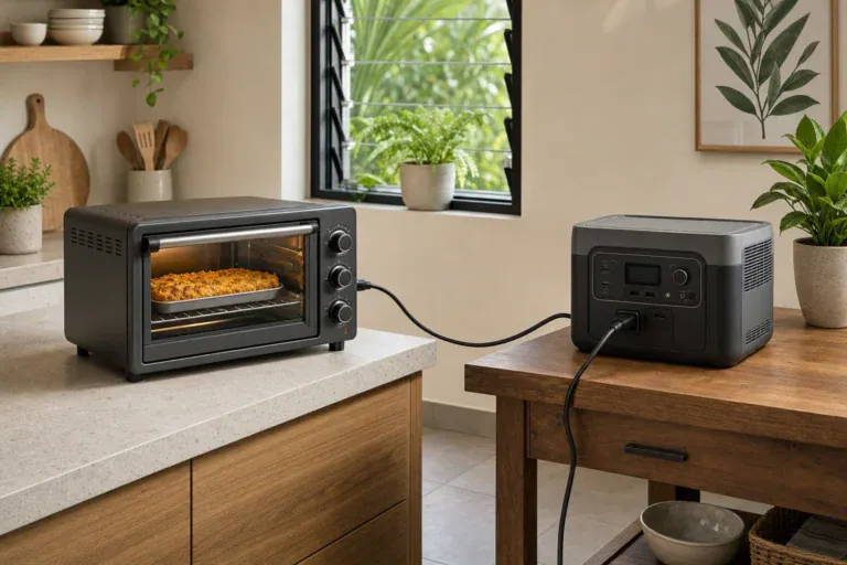 Illustration of a toaster oven plugged directly into a portable power station on separate surfaces