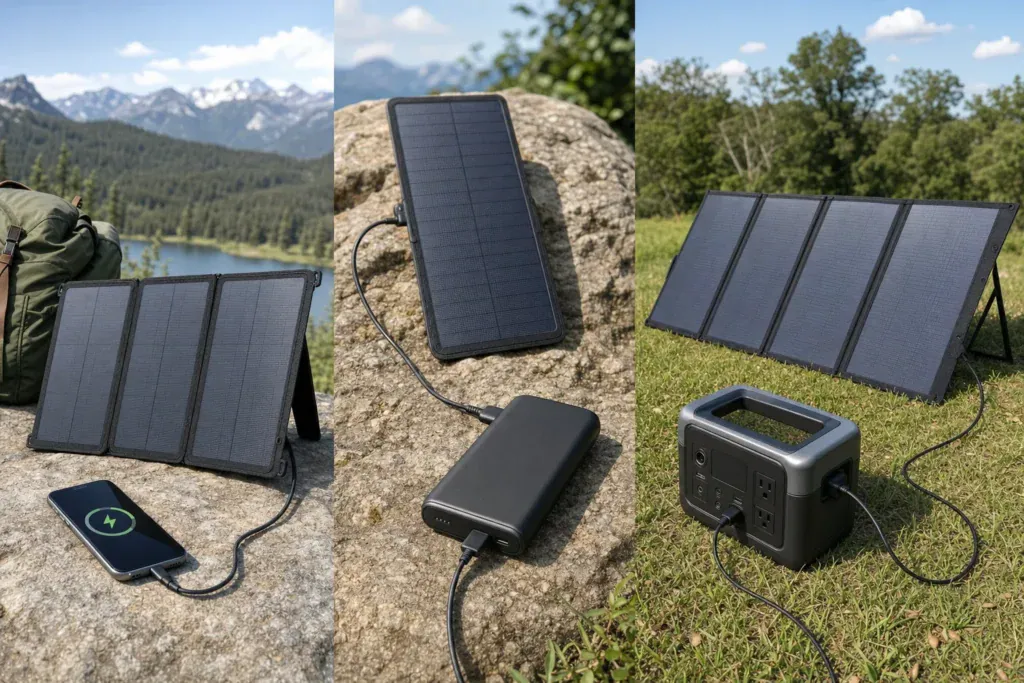 Portable solar panels charging a phone, power bank and portable power station