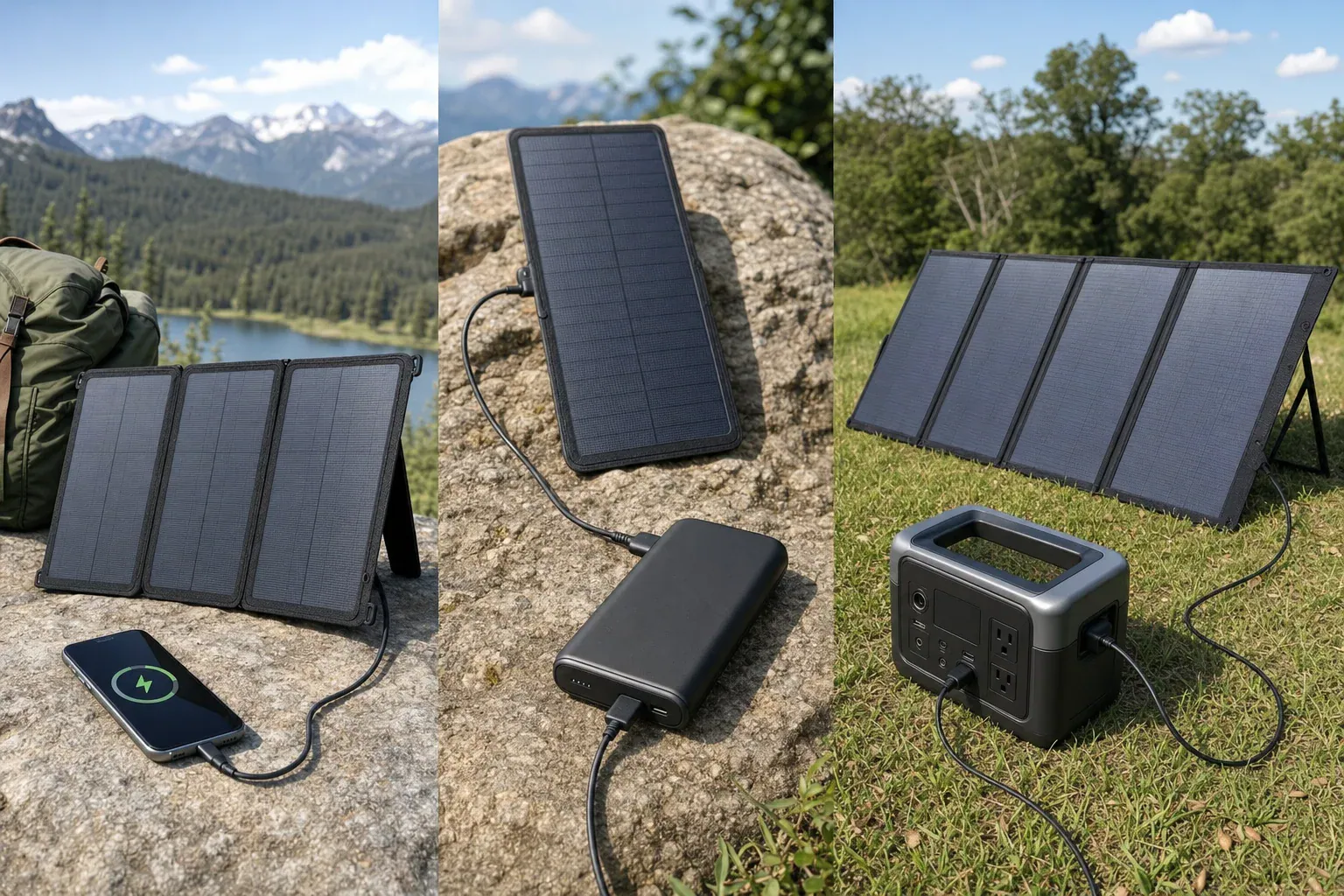 Portable solar panels charging a phone, power bank and portable power station