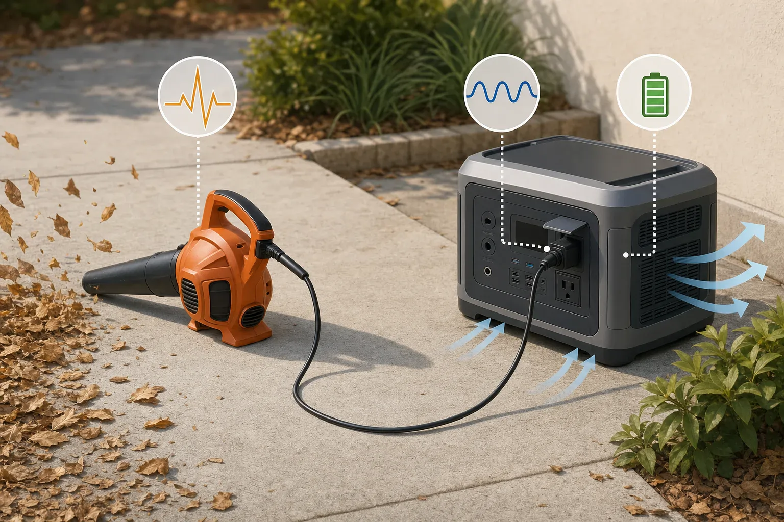 Illustration of a corded leaf blower connected to a portable power station on a dry driveway