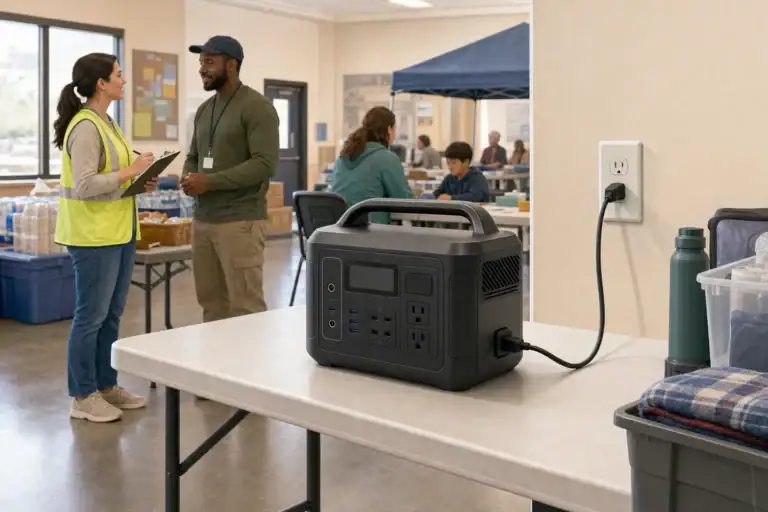 Portable power station charging at a permitted community resource center outlet