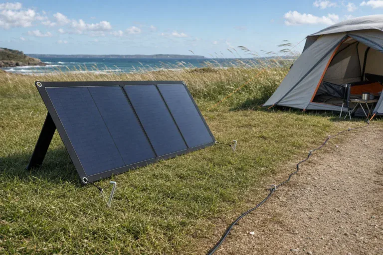 Folding portable solar panel secured through designated kickstand grommets, with its charging cable routed away from a campsite walkway
