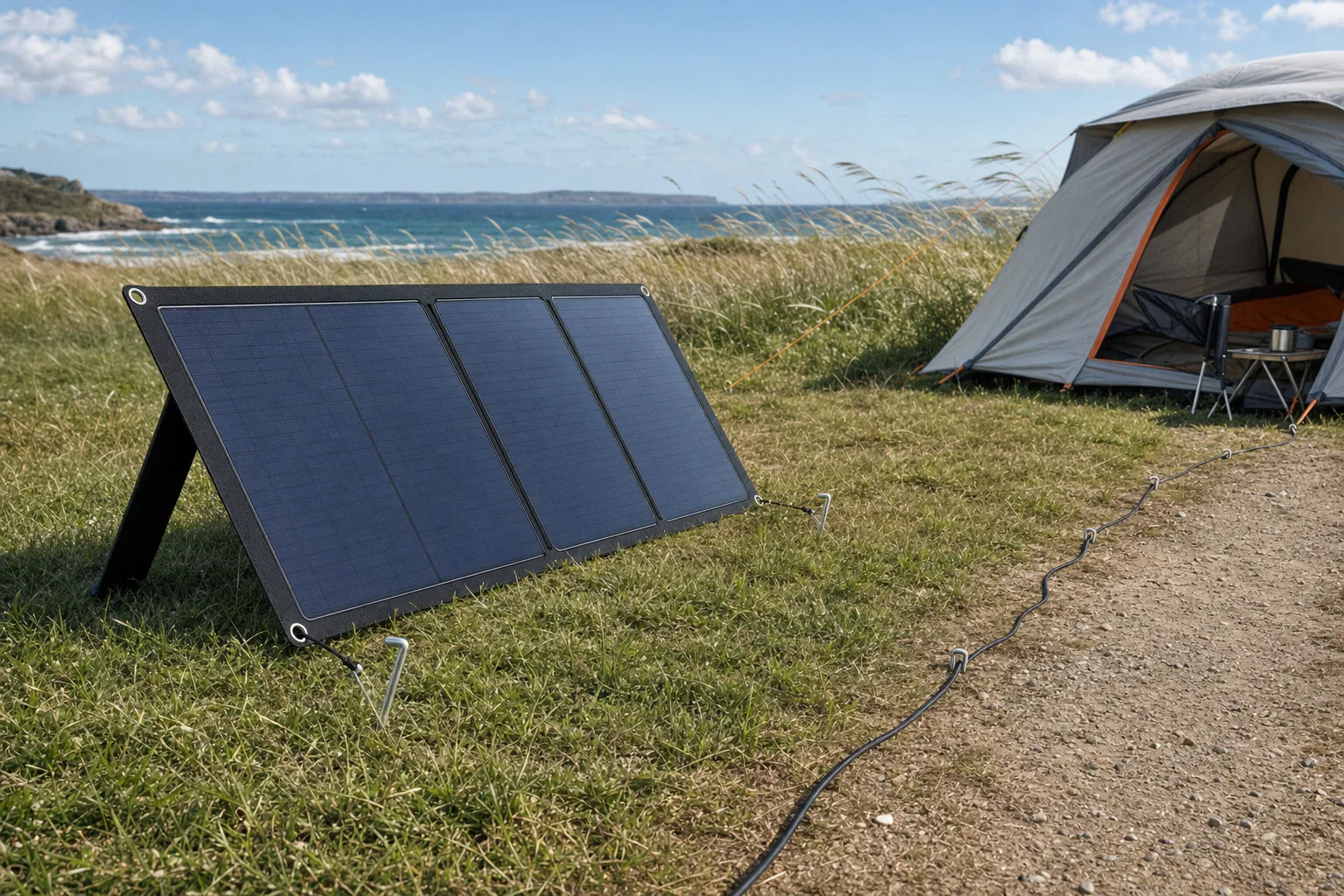 Folding portable solar panel secured through designated kickstand grommets, with its charging cable routed away from a campsite walkway
