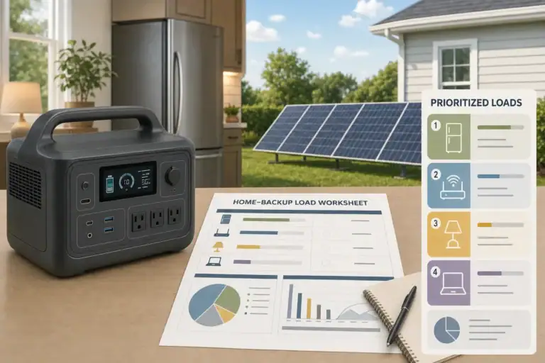 Portable power station with prioritized home loads and solar panels outdoors