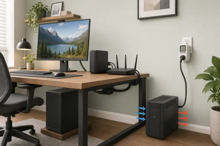 Desktop computer setup with a plug-in power meter and ventilated UPS