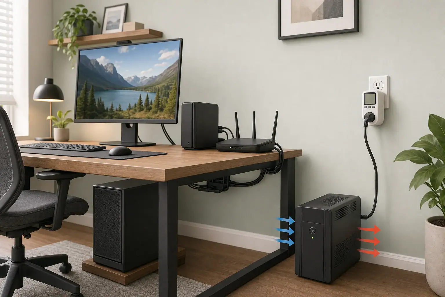 Desktop computer setup with a plug-in power meter and ventilated UPS