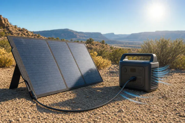 Folding solar panel connected safely to a portable power station in direct sunlight
